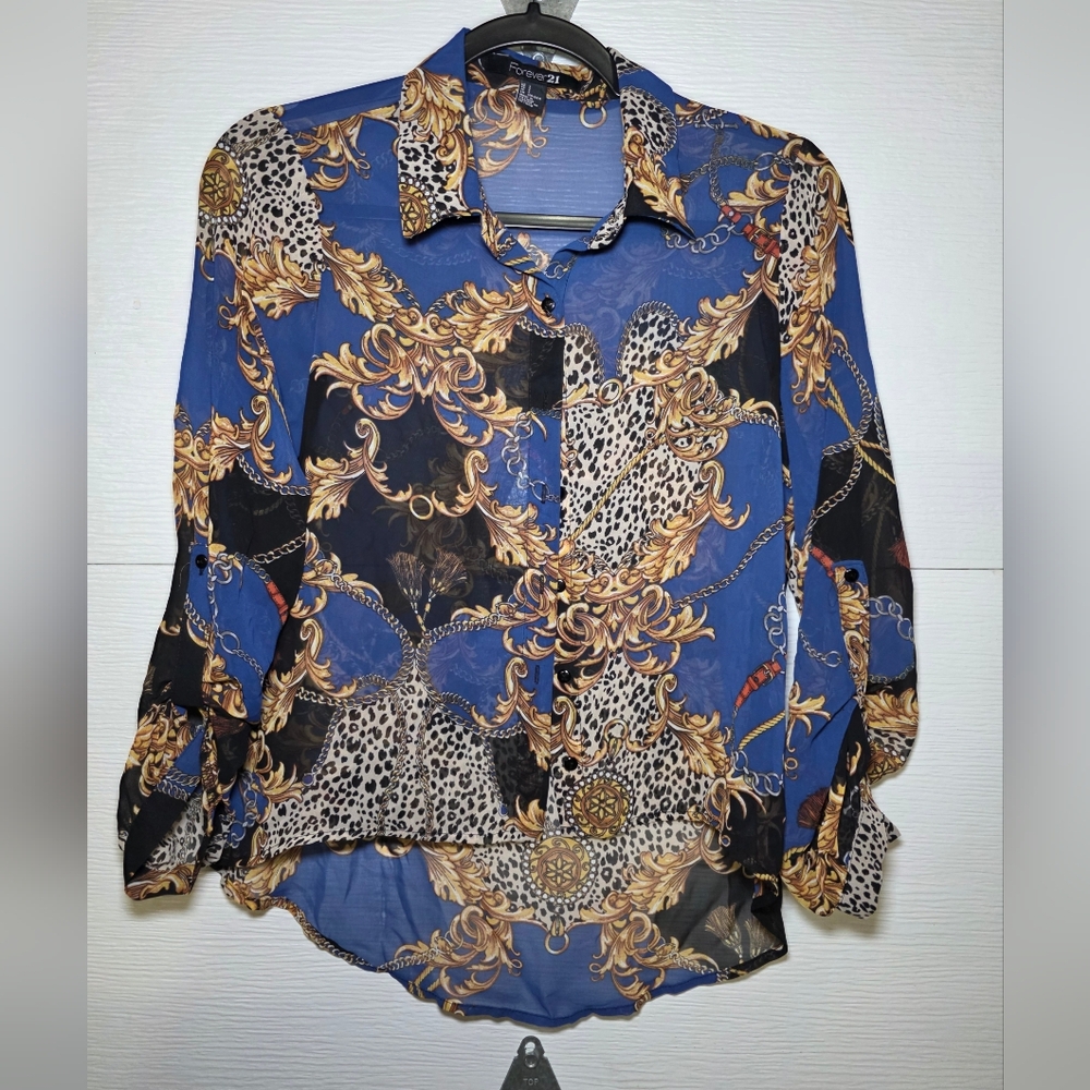 Forever 21 Royal Blue and Gold Baroque Print Button-Down Shirt